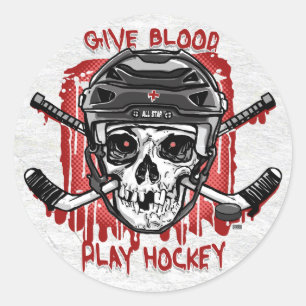 Give Blood Play Hockey Black Classic Round Sticker
