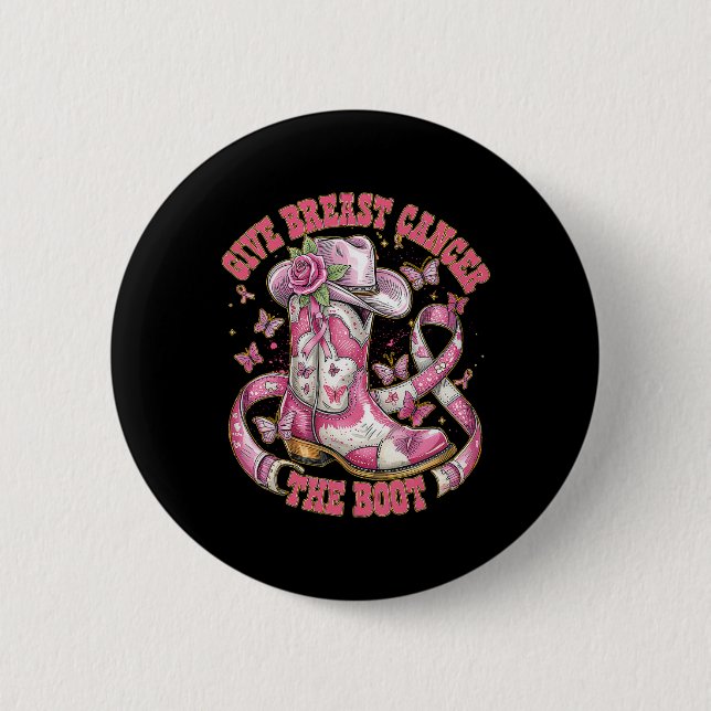 Give Breast Cancer The Boot Floral Pink Ribbon Cow 6 Cm Round Badge (Front)