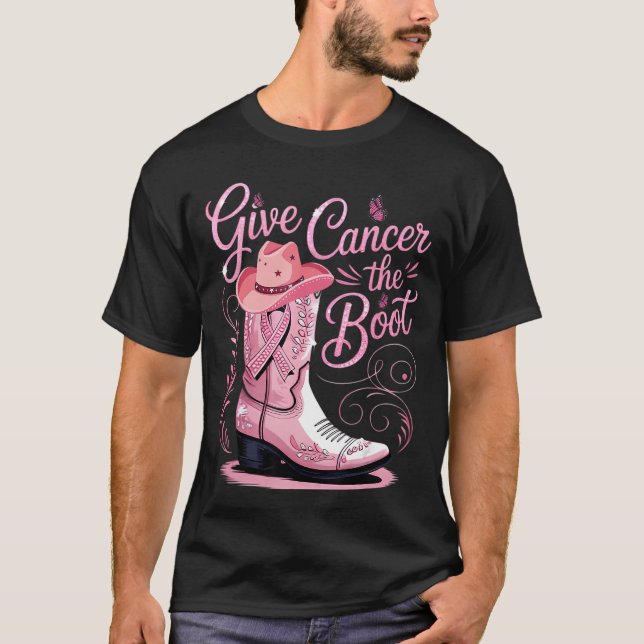 Give Breast Cancerhe Boot Pink Ribbon Western Cowb T-Shirt (Front)