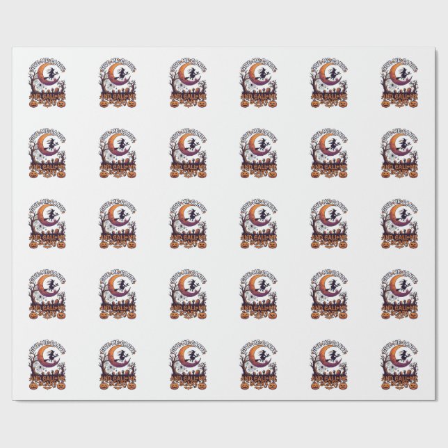 Give Me Candy Call Scary Witch Moon Pumpkins Wrapping Paper (Flat)