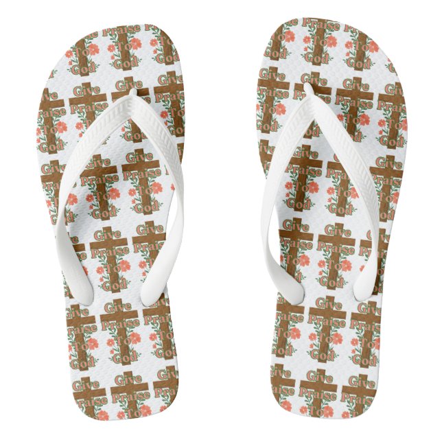 Give Praise To God Wooden Cross All-Over Thongs (Footbed)