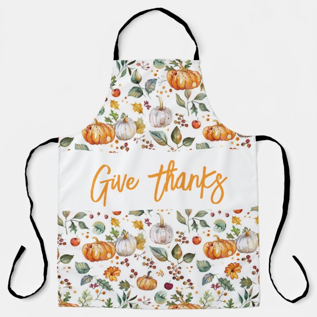 GIVE THANKS Autumn Fall Pumpkins & Leaves Holiday Apron (Front)