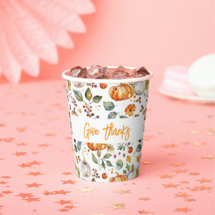 GIVE THANKS Autumn Fall Pumpkins & Leaves Holiday Paper Cups
