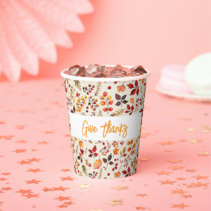 GIVE THANKS Autumn Fall Pumpkins & Leaves Holiday Paper Cups