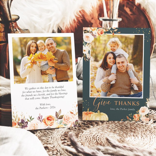 Give Thanks Autumn Gold Floral Thanksgiving Photo Holiday Card (Creator Uploaded)