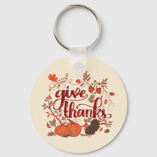Give Thanks Autumn Harvest, Turkey Thanksgiving  Key Ring (Front)