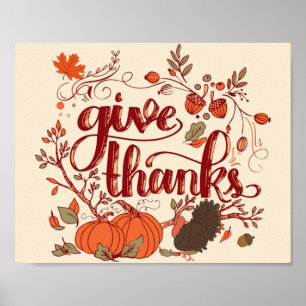 Give Thanks Autumn Harvest, Turkey Thanksgiving Poster