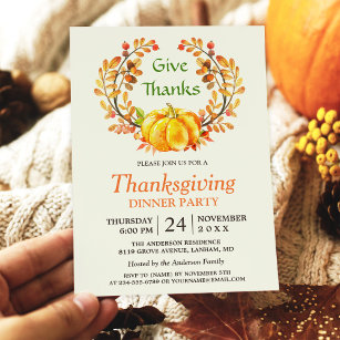 Give Thanks Autumn Pumpkin Thanksgiving Dinner Invitation