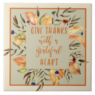 Give Thanks - Autumn Wreath Ceramic Tile
