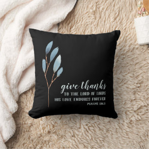 Give Thanks Bible Verse Blue Black Watercolor Cushion