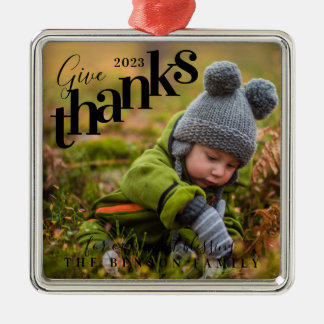 Give Thanks Blessings Baby Photo Black Metal Ornament