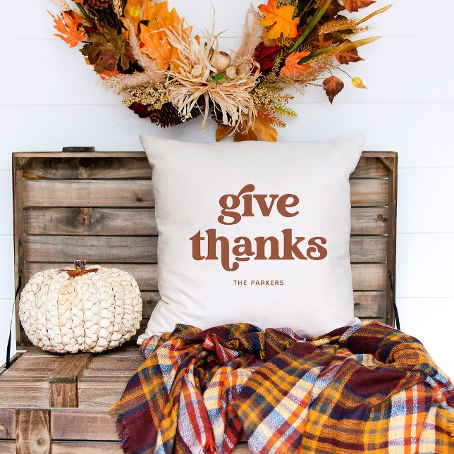 Give Thanks | Boho Retro White and Terracotta Cushion (A retro and boho Thanksgiving pillow in terracotta and white)