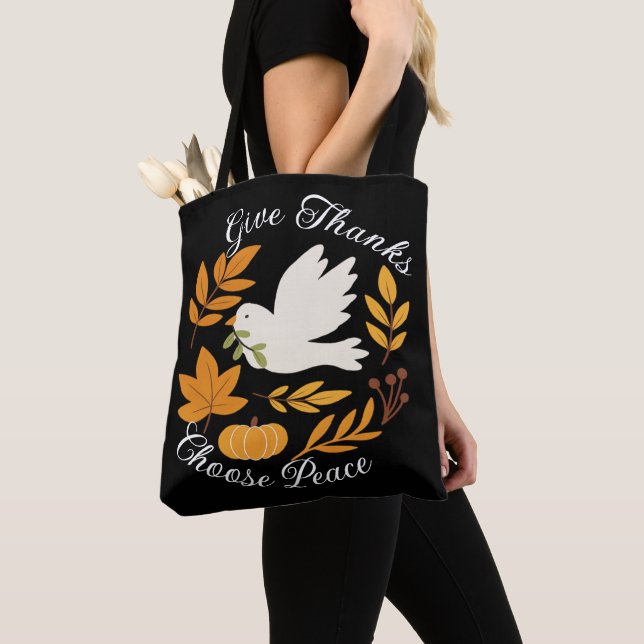 'Give Thanks, Choose Peace' Shoulder Tote Bag (Close Up)