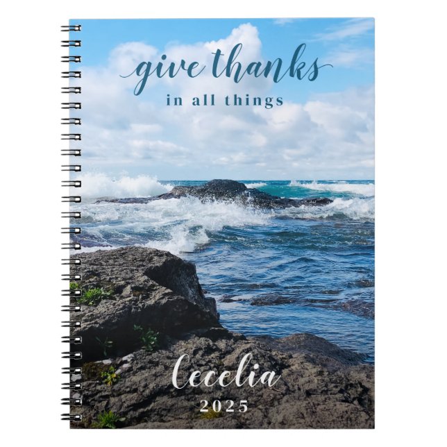 Give Thanks Christian Quote Beach Photo Notebook (Front)