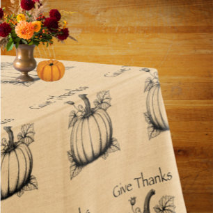 Give Thanks Country Pumpkins on Faux Burlap Tablecloth