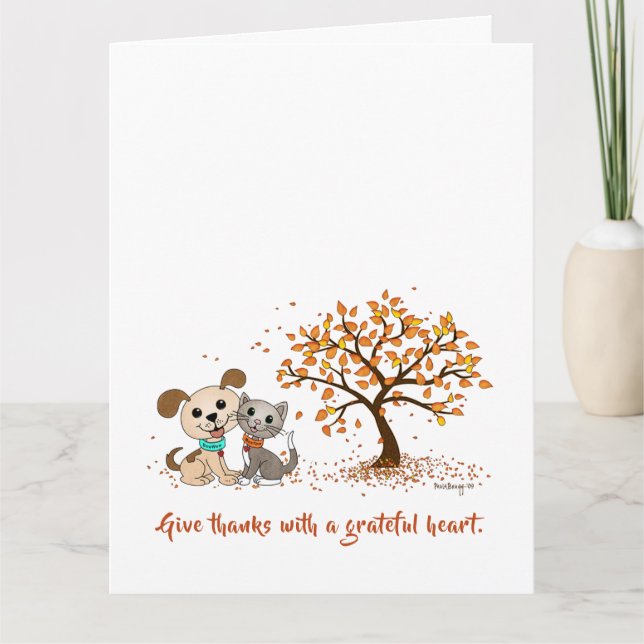 Give Thanks! Cute Thanksgiving Autumn Puppy Kitty Card (Front)