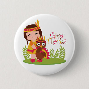 Give Thanks Cute Tribal Girl Thanksgiving Turkey 6 Cm Round Badge
