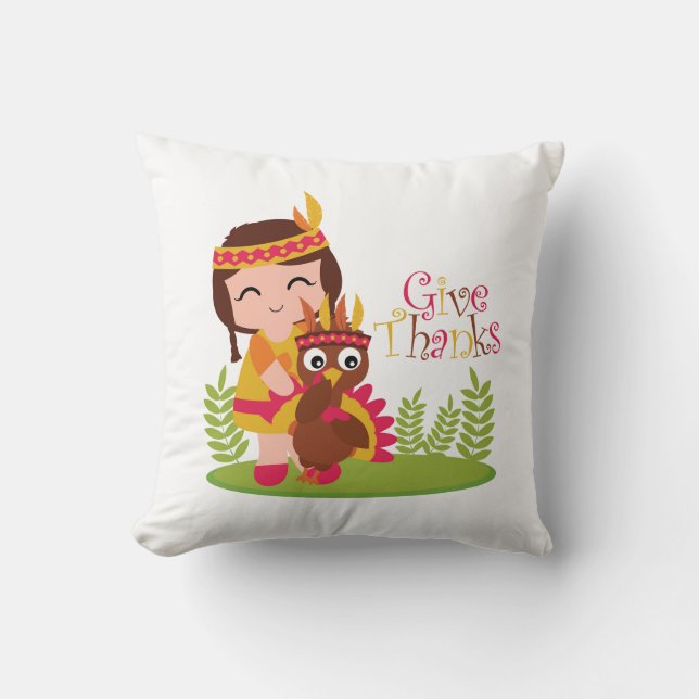 Give Thanks Cute Tribal Girl Thanksgiving Turkey Cushion (Front)