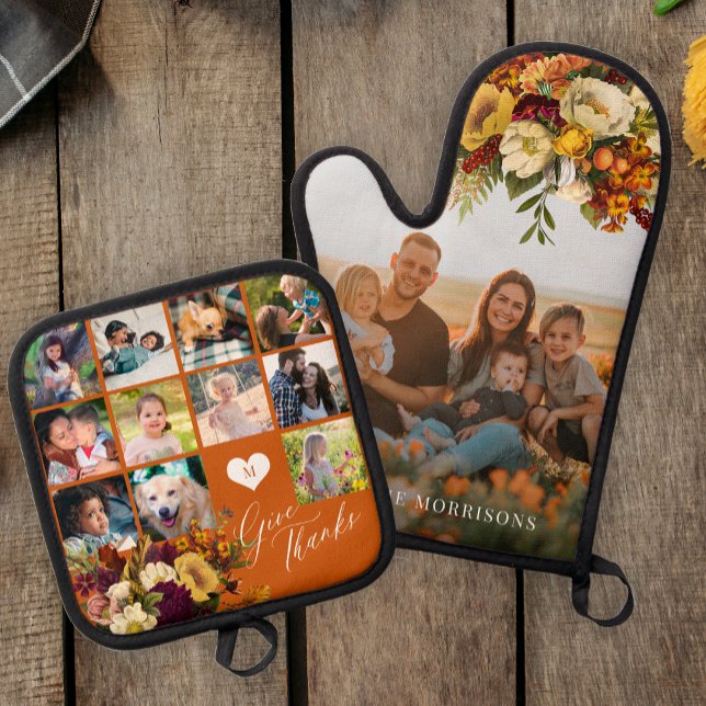 Give thanks fall floral multi photo collage family oven mitt & pot holder set (Creator Uploaded)