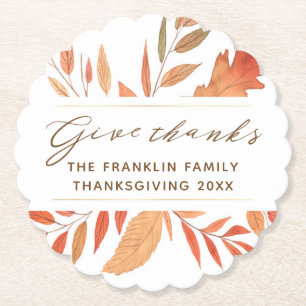 Give Thanks Fall Leaves Rustic Thanksgiving Paper Coaster