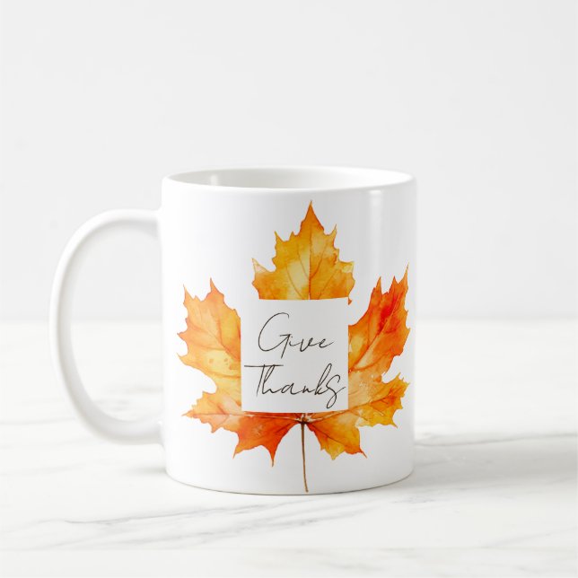 Give Thanks Fall Leaves Thanksgiving Coffee Mug (Left)