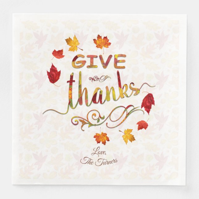Give Thanks Fall Leaves Thanksgiving Monogram Napkin (Front)