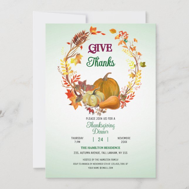 Give Thanks Fall Leaves Wreath Thanksgiving Dinner Invitation (Front)