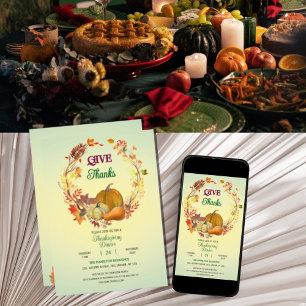 Give Thanks Fall Leaves Wreath Thanksgiving Dinner Invitation