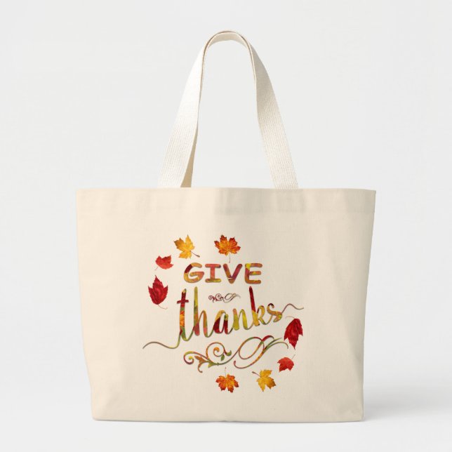 Give Thanks Fall Rustic Thanksgiving Monogram Large Tote Bag (Front)
