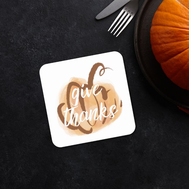 Give Thanks Fall Watercolor Pumpkin Thanksgiving Square Paper Coaster (Give Thanks Fall Watercolor Pumpkin Thanksgiving Coasters)