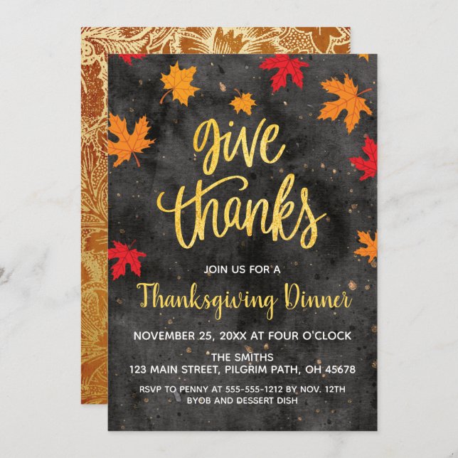 Give Thanks, Falling Leaves Thanksgiving Invite (Front/Back)