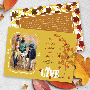 Give Thanks Falling Leaves Tree Thanksgiving Photo Holiday Card