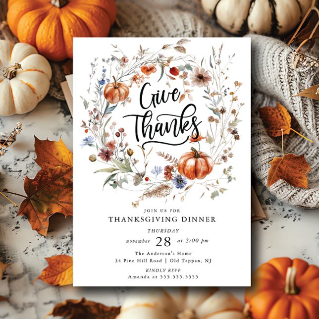 Give thanks Floral Wreath Thanksgiving Invitation (Creator Uploaded)