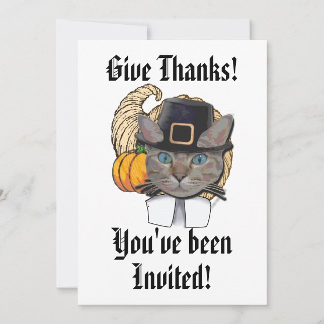 Give Thanks funny grey cat Thanksgiving Invitation (Front)