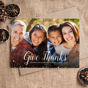 Give Thanks   Glitz Faux Glitter Photo Overlay Holiday Card