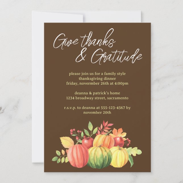 Give Thanks & Gratitude Pumpkins Thanksgiving Invitation (Front)