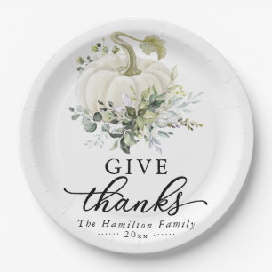Give Thanks Greenery White Pumpkin Thanksgiving Paper Plate