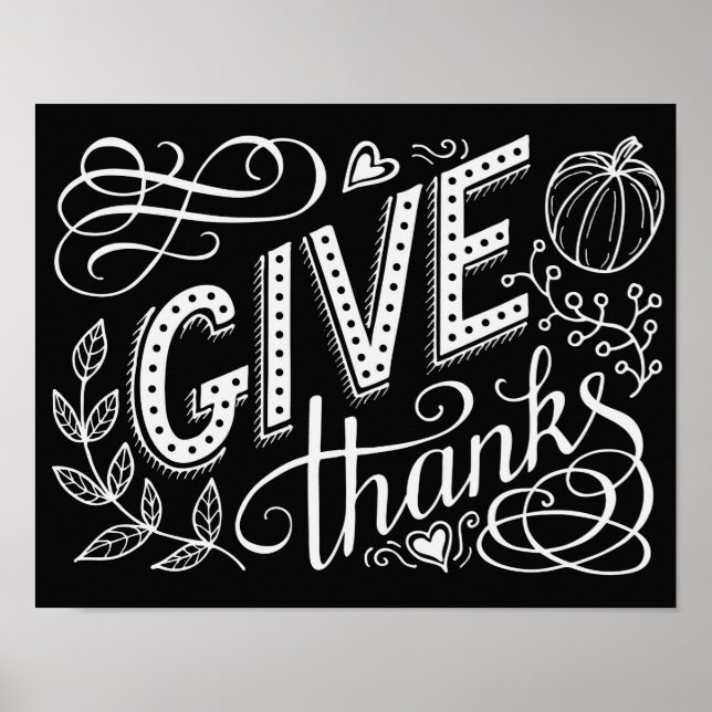 Give thanks hand lettering quote on chalk board poster (Front)