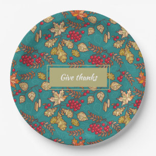 Give Thanks Leaves Pattern Country Thanksgiving Paper Plate