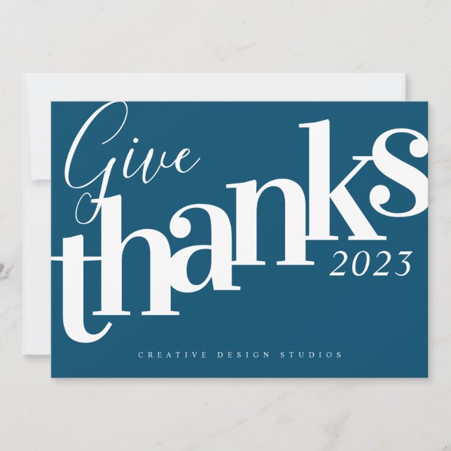 Give Thanks Modern Blue Business Holiday Card (Front)