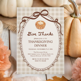 Give Thanks Pie Gingham Autumn Thanksgiving Dinner Invitation