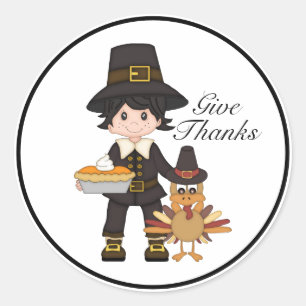 Give Thanks Pilgrim and Turkey Classic Round Sticker