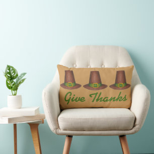 Give Thanks Pilgrim Hat Happy Thanksgiving Holiday Lumbar Cushion