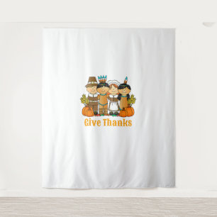 Give Thanks Pilgrim Indian Pumpkin Thanksgiving Tapestry