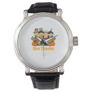 Give Thanks Pilgrim Indian Pumpkin Thanksgiving Watch