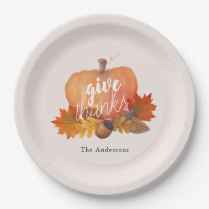 Give Thanks Pumpkin Autumn Leaves Blush Pink Paper Plate