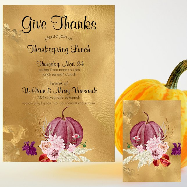 Give Thanks Pumpkin Floral Thanksgiving Lunch Invitation (Creator Uploaded)