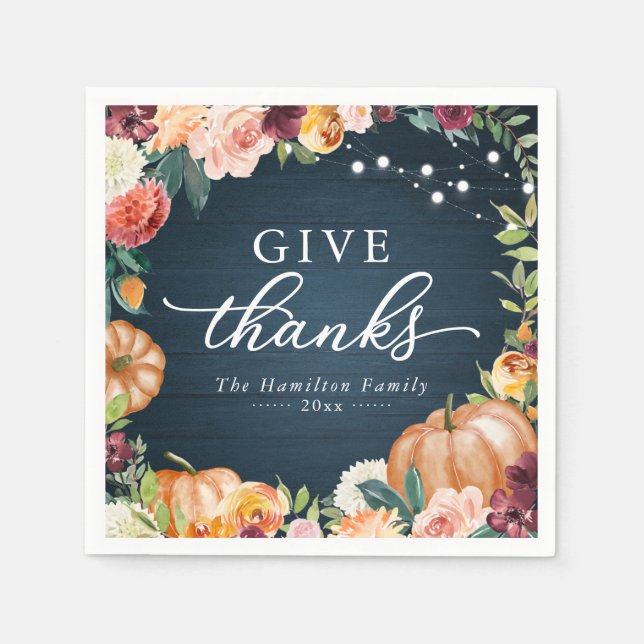 Give Thanks Rustic Fall Floral Thanksgiving Dinner Napkin (Front)