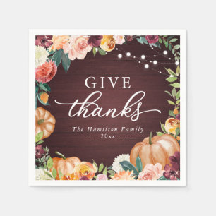 Give Thanks Rustic Fall Floral Thanksgiving Dinner Napkin