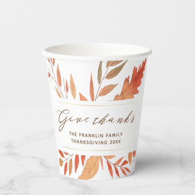 Give Thanks Rustic Fall Leaves Thanksgiving Paper Cups (Front)
